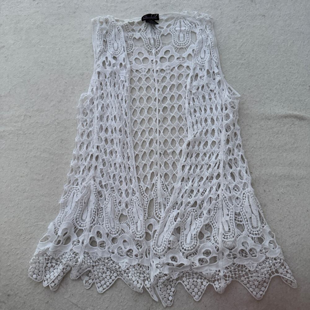 Questions Open-Front Crochet Lace Vest Women's Small White Knit Boho Cardigan